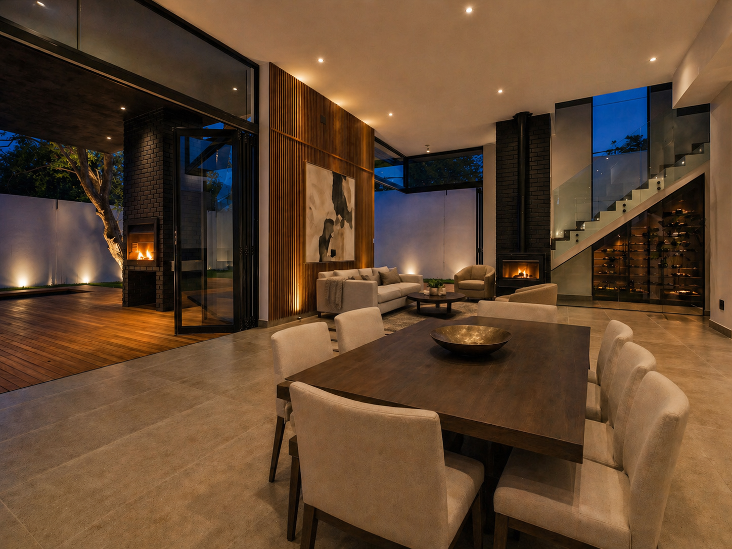 Lounge fireplace and wine cellar