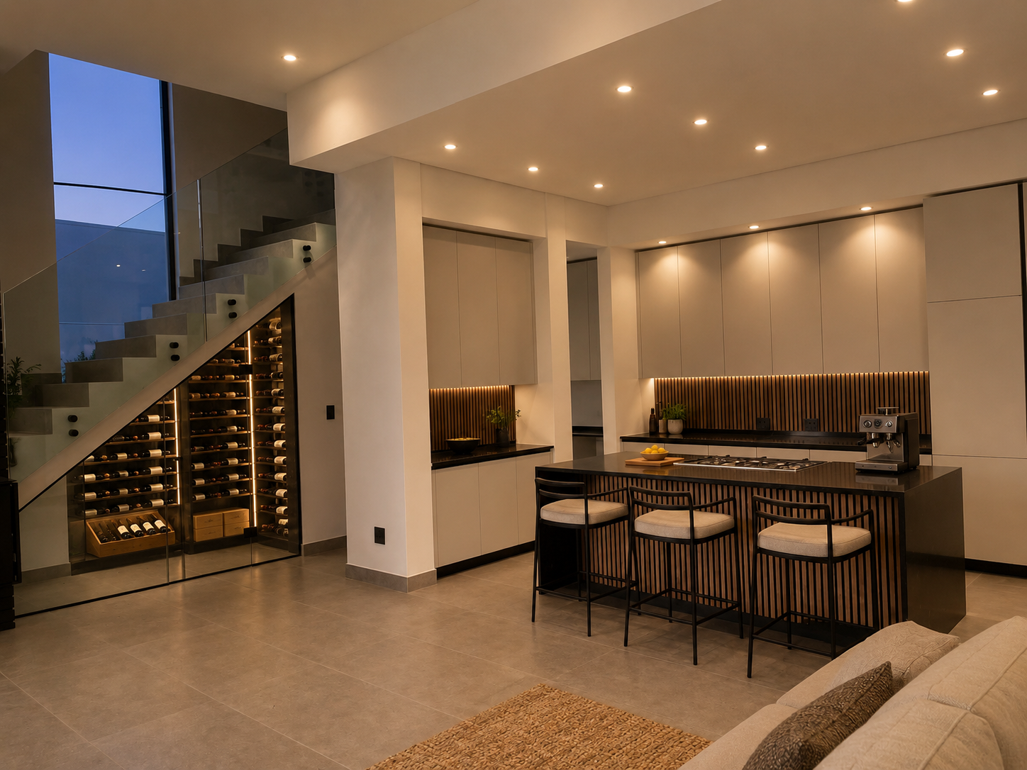 Open-plan kitchen and wine cellar